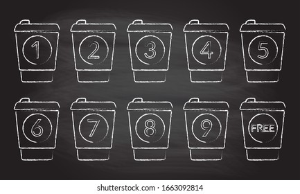 Take away coffee cup concept. Buy 9 cups and get 1 for free. Design element for promotion cafe card or loyalty voucher. Coffee to go icons isolated on chalkboard background. - Powered by Shutterstock