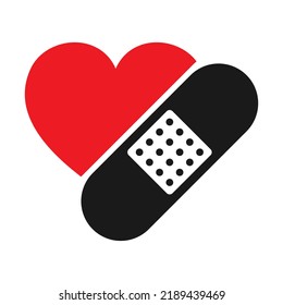 Take Care Yourself. Heart With Band Aid Or Plaster, Medical Bandaid Icon. Adhesive Bandage Illustration