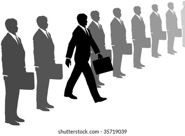 A Take Charge Business Man With Initiative And A Briefcase Steps Out Of A Line Of Gray Suits.