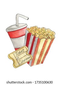 Take And Go. Disposable Red Cup For Drink, Soda, Water, Juice, Cardboard Striped Box With Popcorn. Paper Ticket For Cinema Theater. Open Air And Car Movie Watching In The Park. Entertainment, Leisure