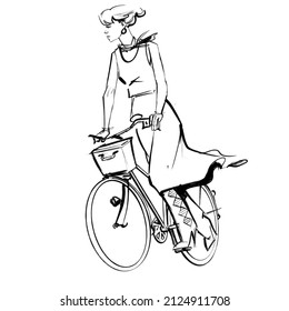 Take Off. Fashion Illustration Of A Young Woman Dressed In A Maxi Skirt And Boots Pushing Off Leaving On Her Bicycle.