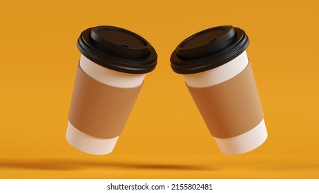 Takeaway Coffee Cups Mockup. 3D Render, Yellow Background.