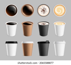 Takeaway Coffee Mockup. Plastic Paper Cup For Liquid And Drink To Go. Espresso Latte Cappuccino Mug, Breakfast Beverages Illustration