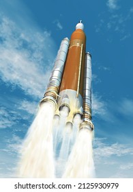 takeoff of the SLS launcher of the artemis program in 3d illustration and rendering
