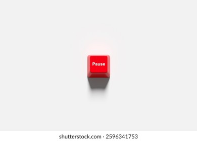 Taking a break from office work, time out, relaxation and resting. Taking a pause. Red pause computer keyboard button on white background. 3D render.