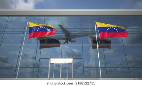 Taking Off Airliner And Flags Of Venezuela In The Airport Terminal.  Animation 3D Rendering