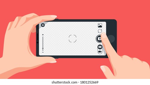 Taking photo with smartphone. Finger touching mobile phone screen to make picture. Pressing camera button, transparent background for photo. Person holding device  illustration. - Powered by Shutterstock