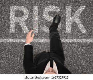 Taking Risk Concept With Businessman Stepping Into The Word Risk On Road, Top View, 3D Render