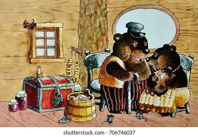 The Tale Of The Three Bears,red Box,jam Jars,drying And Tub In The House ,illustration,drawing