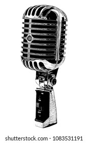 Talk Radio And Podcast Recording Concept With A Pop Art Cartoon Drawing Of A Vintage Microphone Isolated On White With A Clipping Path Cutout