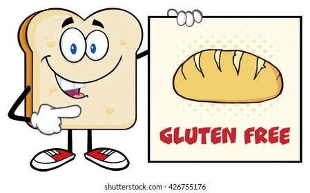 Talking Bread Slice Cartoon Mascot Character Pointing To A Sign Gluten Free. Raster Illustration Isolated On White Background - Powered by Shutterstock