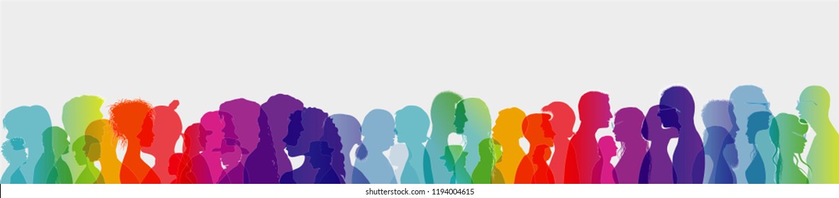 Talking crowd. Dialogue between people. People talking. Colored silhouette profiles with white outline. Multiple exposure. Multiple exposure