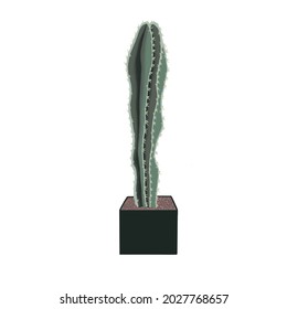 Tall Cactus In A Pot, Plants For Interior Decoration, Illustration Of A Cactus For Home Decor In A 70s Style  