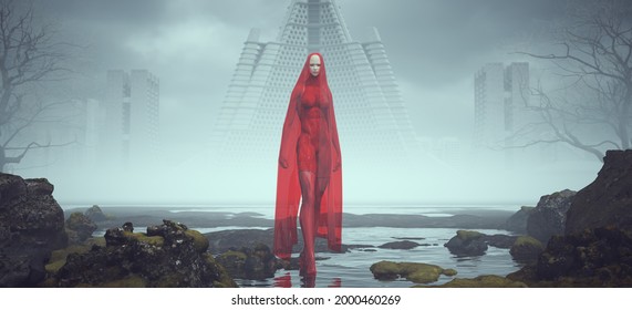 Tall Futuristic Sci Fi Alien Super Hero Space woman in Red in Alien Landscape Mysterious Foggy Abandoned Brutalist Architecture 3d illustration render