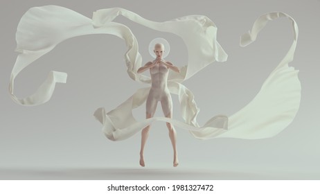 Tall Futuristic Sci Fi Ballerina Space Woman In A White Body Suit With Retro Glass Bowl Helmet And Floating Fabric Ribbon Wave 3d Illustration Render