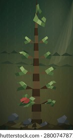 A tall geometric palm tree with angular green fronds and a segmented brown trunk stands against a moody dark green hexagonal background with light rays streaming down, while a small red low-poly creature clings to the trunk above scattered polygonal rocks.