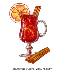 Tall glass of hot mulled wine or tea with cinnamon sticks and orange watercolor illustration. Arrangement and serving of festive Christmas punch drink hand drawn. For menu and bar. - Powered by Shutterstock