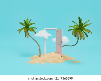 Tall Green Palms On Sand With Opened White Door Against Blue Sky With Cloud During Summer Trip In Tropical Resort. 3d Rendering