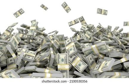 Tall Pile Of Falling Us Currency - US Dollars Isolated Stacked On White Background. 3d Render