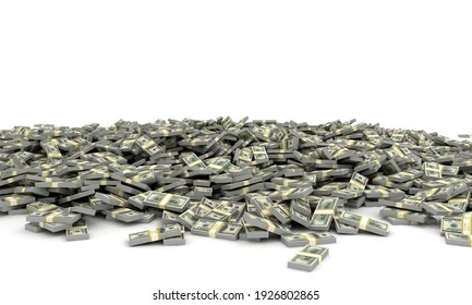 Tall Pile Of Us Currency - Big Heap Of US Dollars Isolated Stacked On White Background. 3d Render