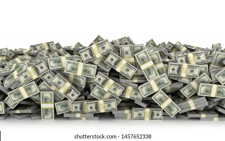 Tall Pile Of Us Currency - US Dollars Isolated Stacked On White Background. 3d Render