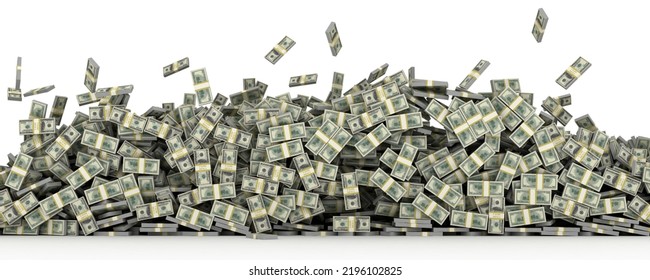 Tall Pile Of Us Currency - Falling US Dollars Isolated Stacked On White Background. 3d Render