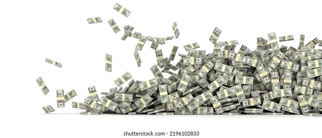 Tall Pile Of Us Currency - Falling US Dollars Isolated Stack On White Background. 3d Render