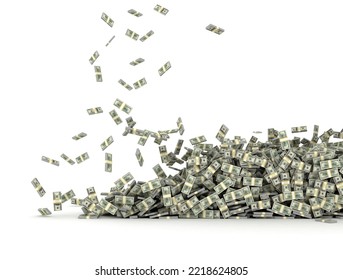 Tall Pile Of Us Currency - Falling US Dollars Isolated Stack On White Background. 3d Illustration