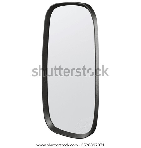 Tall rectangular wall mirror with rounded edges in a sleek black metal frame. A modern and minimalist accent for contemporary interiors. Isolated on white background. Decor. 3d render.