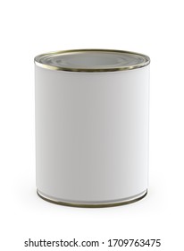 Tall Round Tin Can For Food With White Blank Label. Realistic 3D Render Isolated On White.