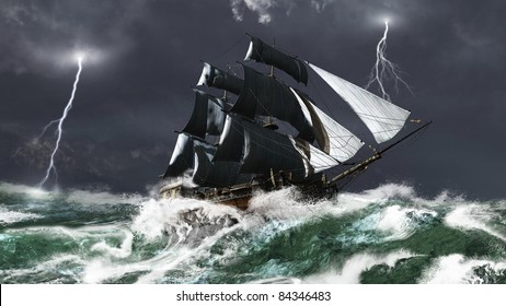 Tall ship sailing in heavy seas in a lightning storm, 3d digitally rendered illustration