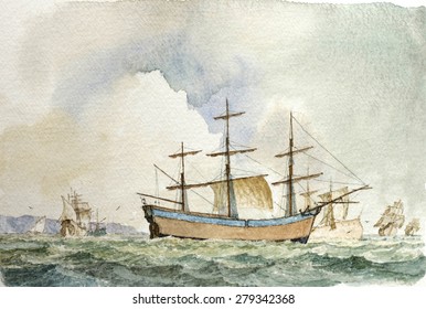 Tall Ship Shipping, Marine Watercolor Painting, Vintage Seascape Background.