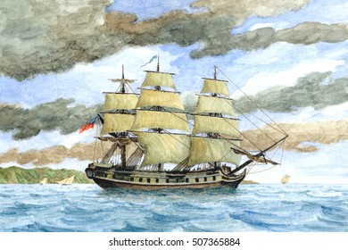 Tall Ship Watercolor Painting