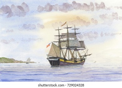 Tall Ship, Watercolor Painting