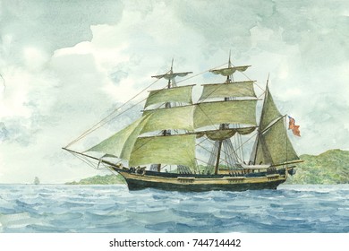 Tall Ship Watercolor Painting