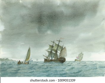 Tall Ship Watercolor Painting, Vessel Illustration