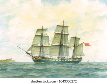 Tall Ship Watercolor Painting, Vessel Illustration