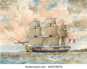 Tall Ship Watercolor Painting, Vessel Illustration