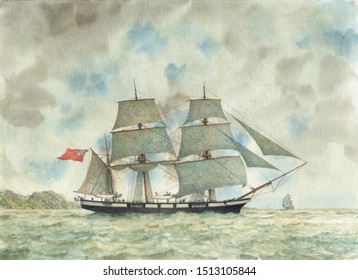 Tall Ship Watercolor Painting, Vessel Illustration