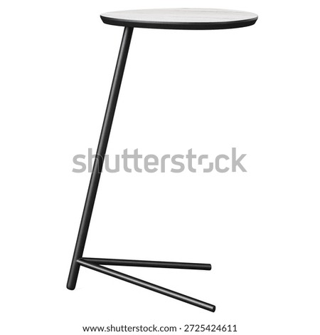 Tall side table with rounded white marble top, black steel frame, inclined central leg and tripod base, modern design for living rooms and lounges. Isolated on white background. 3d render.