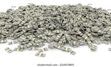 Tall Stack Of Us Currency - Big Heap Of US Dollars Isolated Stacked On White Background. 3d Illustration