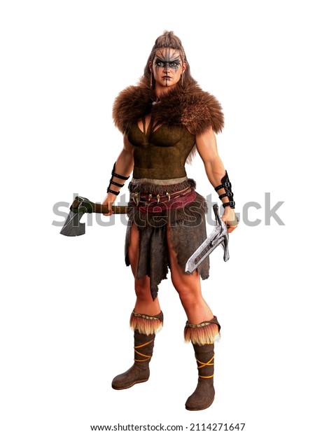 Tall strong Viking warrior woman in barbarian\
costume holding bearded axe and sword. 3D illustration isolated on\
white background.
