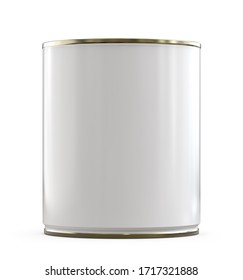 Tall Tin Can For Food With White Glossy Blank Label. 3D Render MockUp Isolated On White.