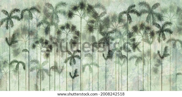 tall tropical trees in the interior of any room, wall\
mural painted art