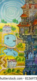 The tall whimsical building with a many architectural elements is situated in a foreground, and the sunny valley with the lakes and the stream is in a background. Artwork by Alex Tsuper. Oil on canvas