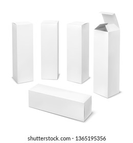 Tall White Box. Cardboard Cosmetic Boxes Rectangular Blank Package With Shadows Medicine Product Vertical Packaging 3d Mockup