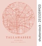 Tallahassee City Pink Map Art with coordinates, Florida