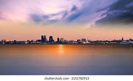 Tallinn  City Panorama  At Sunset On Front Baltic Sea Port Water Wave  Travel To Estonia 