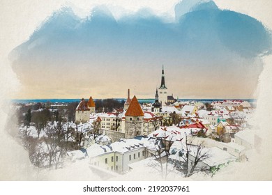 Tallinn Old Town Painting In Winter, Estonia - Digital Watercolor Illustration