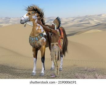 Taming The Indian Horse 3d Illustration - An American Indian Chief Tries To Calm A Wild Horse So He Can Ride It.